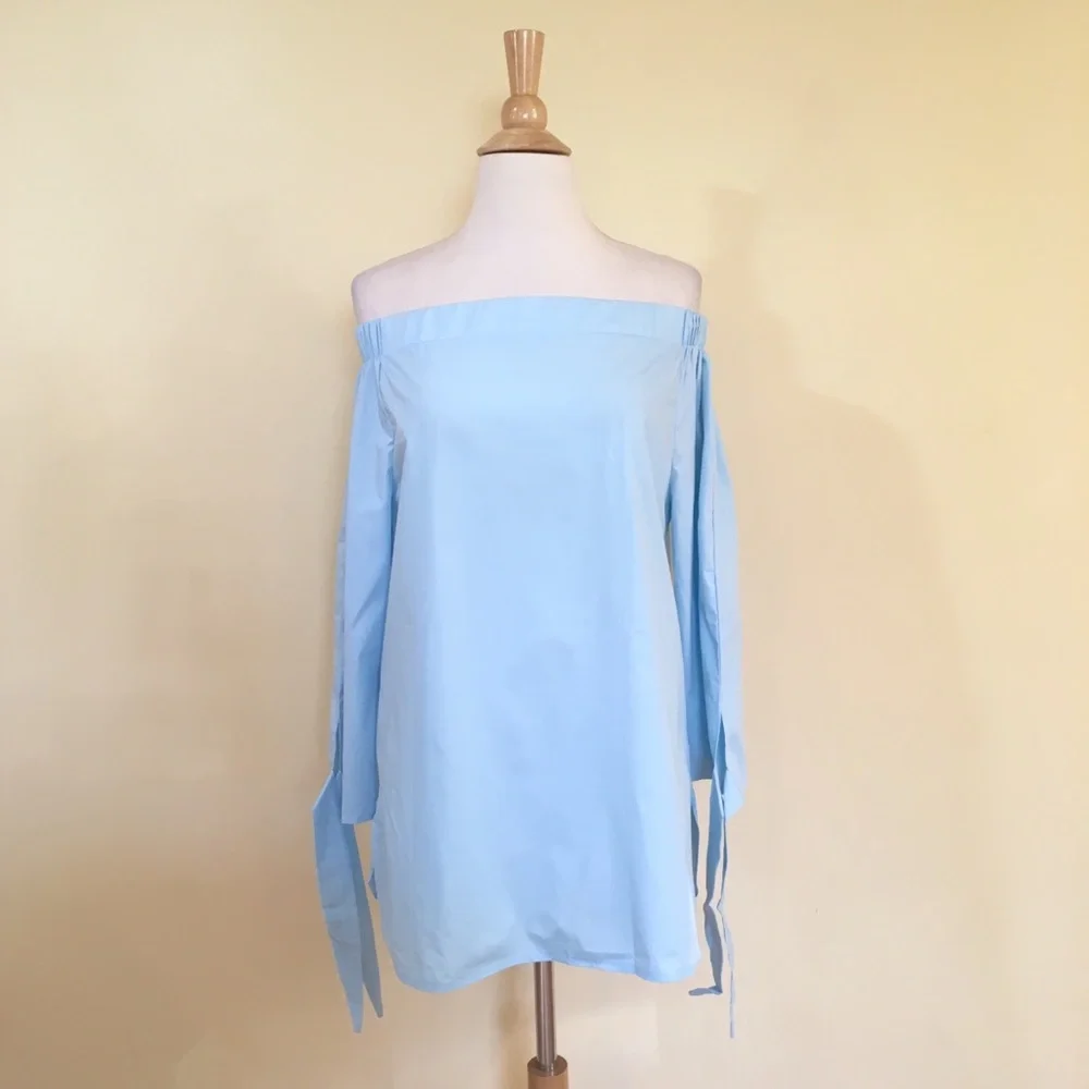 Off Shoulder Tie Cuff Dolphin Hem Blouse Baby Blue - Picture 4 of 6
